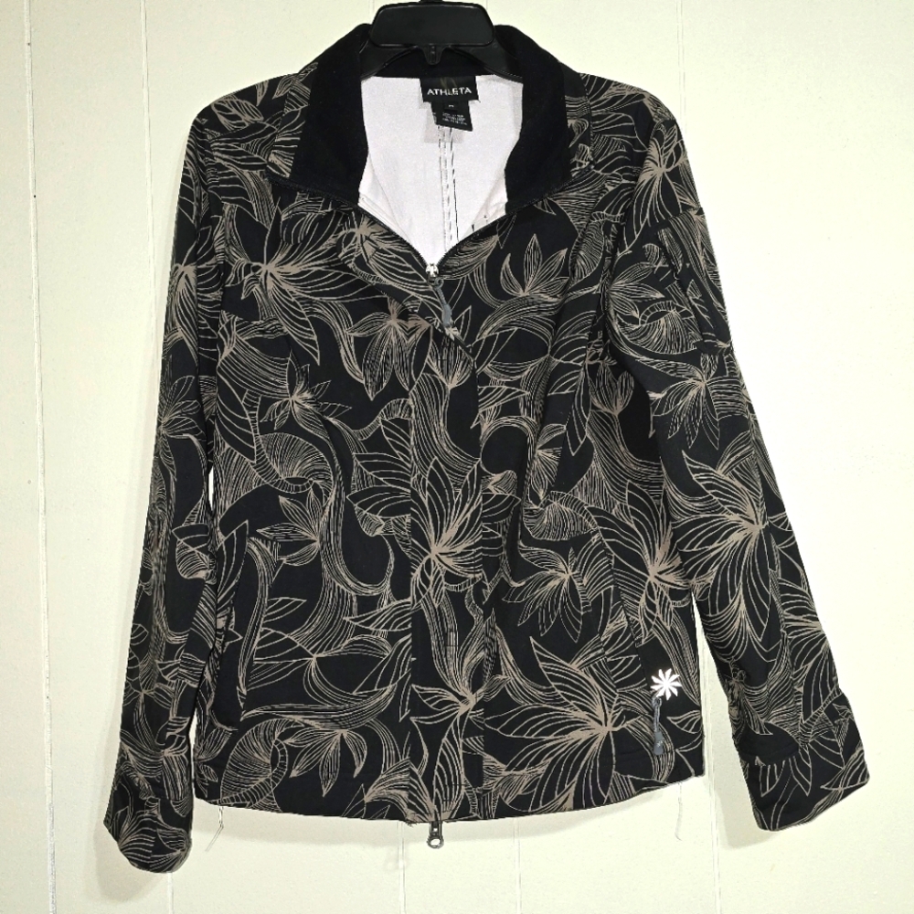 Athleta Odyssey Leaf Print Jacket Full Zip Magnetic Running Workout Black Sz M
